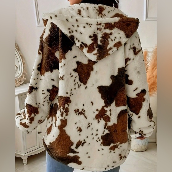 ❤️ Cow Print Plush Hooded Outerwear - Brown/White - Picture 5 of 8